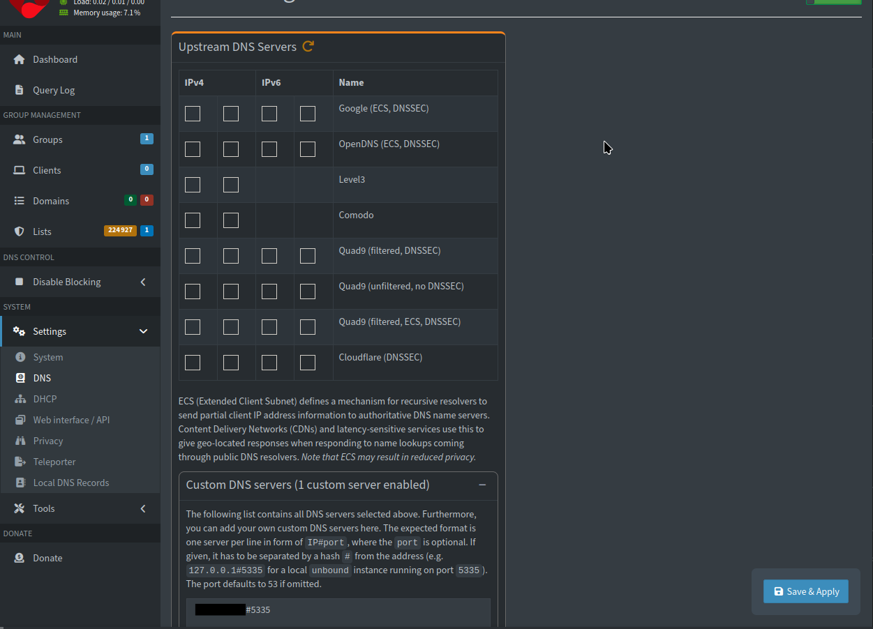 fenetre de config de pi-hole des DNS